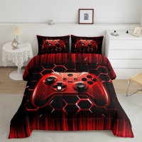 Manfei Kids Gaming Comforter Set Full Size Red Geometric Gamepad Bedding Set 3Pcs For Boys Girls Game Room Decor Modern Gamer