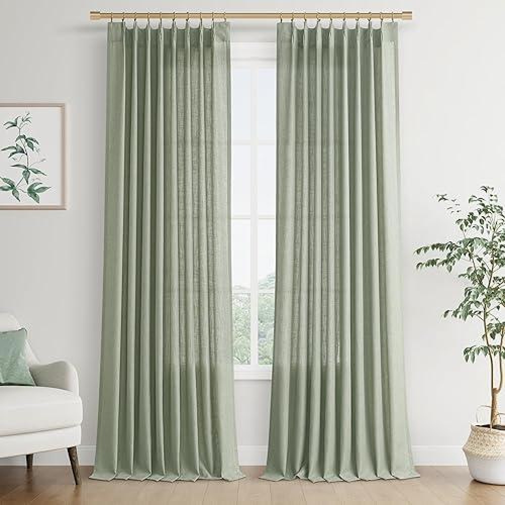 Joywell Textured Linen Pinch Pleated Curtains 108 Inches Long Back Tab Semi Sheer Window Primitive Drapes With Hooks For Bedroom