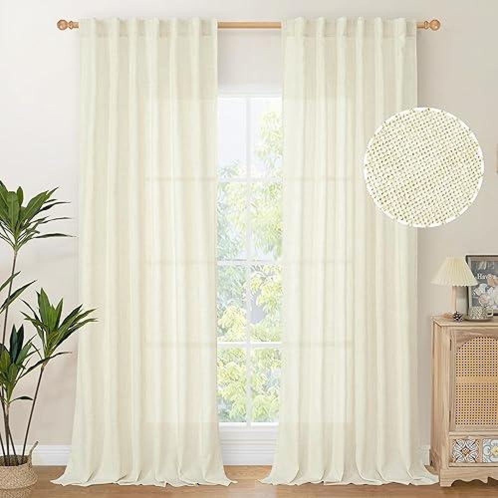 Youngstex Cream Linen Curtains 95 Inch Length For Living Room Rod Pocket Textured Window Drapes Light Filtering For Bedroom Dini