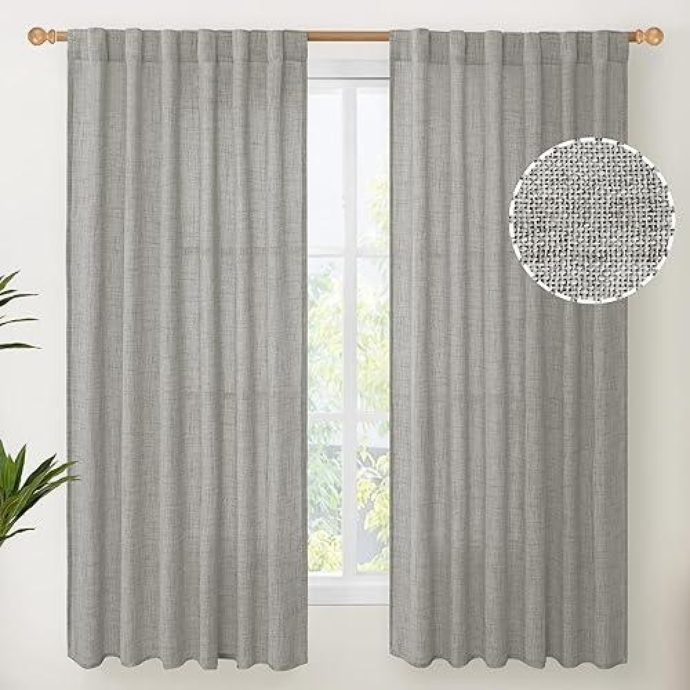 Youngstex Linen Curtains 63 Inch Length 2 Panels For Short Living Room Linen Textured Window Drapes Back Tab Top For Bedroom Bat