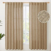 Youngstex Toffee Linen Curtains 63 Inch Length For Short Window Back Tab Burlap Textured Drapes Light Filtering For Living Room