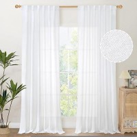 Youngstex White Linen Curtains 95 Inches Long For Living Room Rod Pocket Light Filtering Window Drapes Floor Length For Bedroom