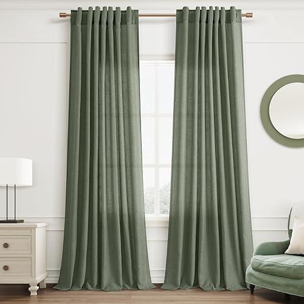 Joywell Green Sheer Linen Curtains 96 Inches Long Aesthetic Boho Bedroom Living Room Decor Sliding Door Curtains Hook Belt Back