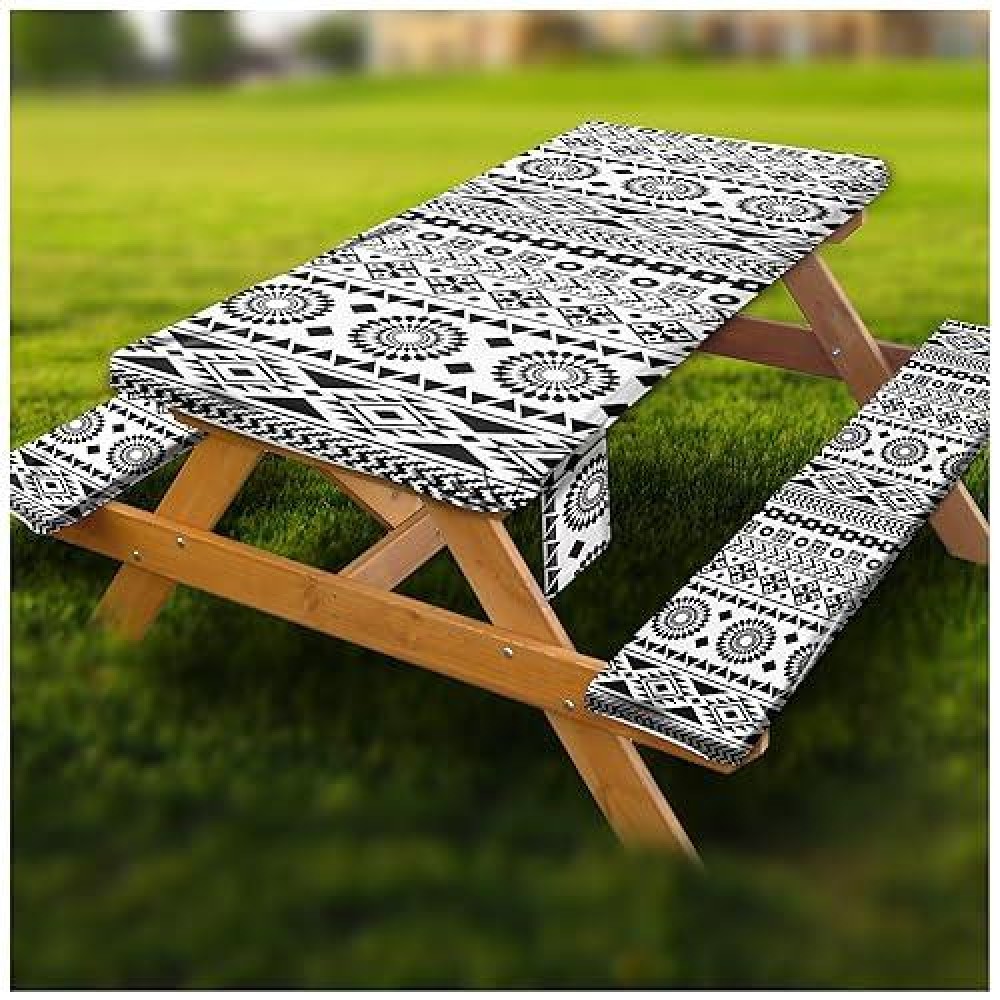 Picnic Table Cover With Bench Covers Vinyl Elastic Edges Fitted Rectangle Tables Seat Waterproof 3Piece96X30In Set Outdoor Rect