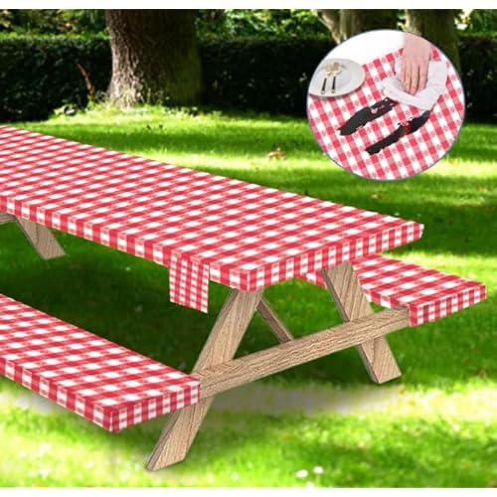 Fitted Picnic Table Cover With Bench Covers Vinyl Waterproof Elastic Edges Fitted Rectangle Tables Patio Tablecloth Camping Gear