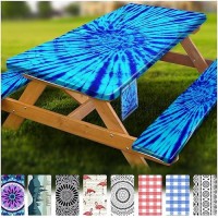 Picnic Table Cover With Bench Covers Vinyl Elastic Edges Fitted Rectangle Tables Seat Waterproof 3Piece96X30In Set Outdoor Rect