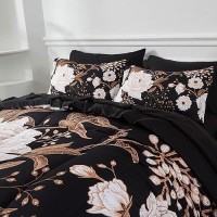 Yogeneg 7 Piece Bed In A Bag Full Size Comforter Set Botanical Floral Bedding Set White Flower Leaves Printed On Black Reversibl