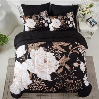 Yogeneg 7 Piece Bed In A Bag Full Size Comforter Set Botanical Floral Bedding Set White Flower Leaves Printed On Black Reversibl