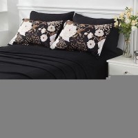 Yogeneg 7 Piece Bed In A Bag Full Size Comforter Set Botanical Floral Bedding Set White Flower Leaves Printed On Black Reversibl