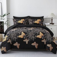 Yogeneg 7 Piece Bed In A Bag Full Size Comforter Set Black Bedding Set Gold Butterfly Leaves Printed On Black Reversible Design