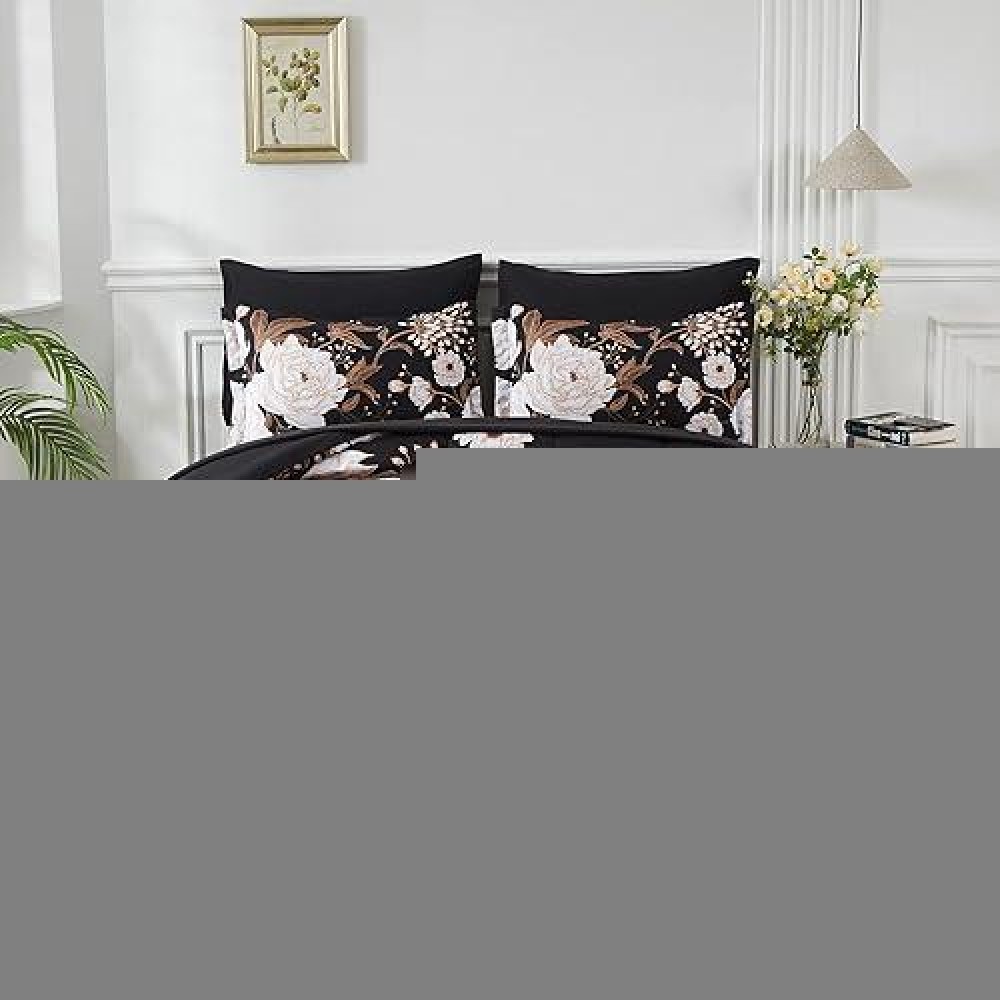 Yogeneg 5 Piece Bed In A Bag Twin Size Comforter Set Botanical Floral Bedding Set White Flower Leaves Printed On Black Reversibl