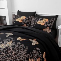 Yogeneg 5 Piece Bed In A Bag Twin Size Comforter Set Black Bedding Set Gold Butterfly Leaves Printed On Black Reversible Design