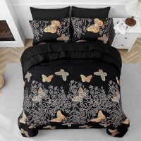 Yogeneg 5 Piece Bed In A Bag Twin Size Comforter Set Black Bedding Set Gold Butterfly Leaves Printed On Black Reversible Design