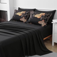 Yogeneg 5 Piece Bed In A Bag Twin Size Comforter Set Black Bedding Set Gold Butterfly Leaves Printed On Black Reversible Design