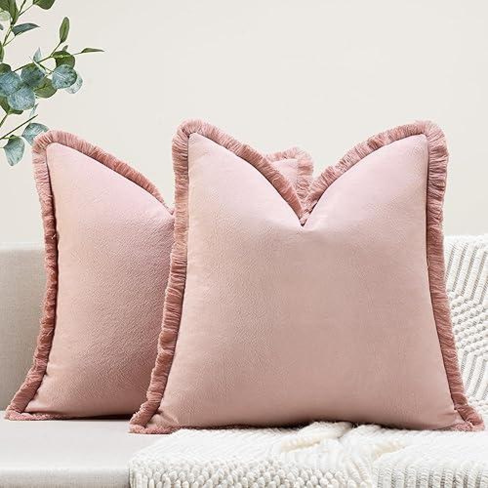 Zwjd Pillow Covers 24X24 Set Of 2 Dusty Pink Throw Pillow Covers With Fringe Chic Cotton Decorative Pillows Square Cushion Covers For Sofa Couch Bed Living Room Farmhouse Boho Decor