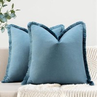 Zwjd Pillow Covers 24X24 Set Of 2 Blue Throw Pillow Covers With Fringe Chic Cotton Decorative Pillows Square Cushion Covers For Sofa Couch Bed Living Room Farmhouse Boho Decor