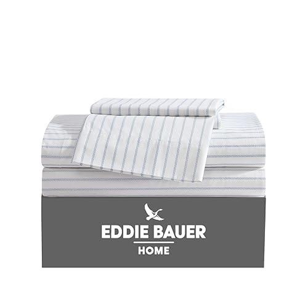 Eddie Bauer King Sheets Cotton Percale Bedding Set Crisp Cool Home Decor Essential Stripe White King