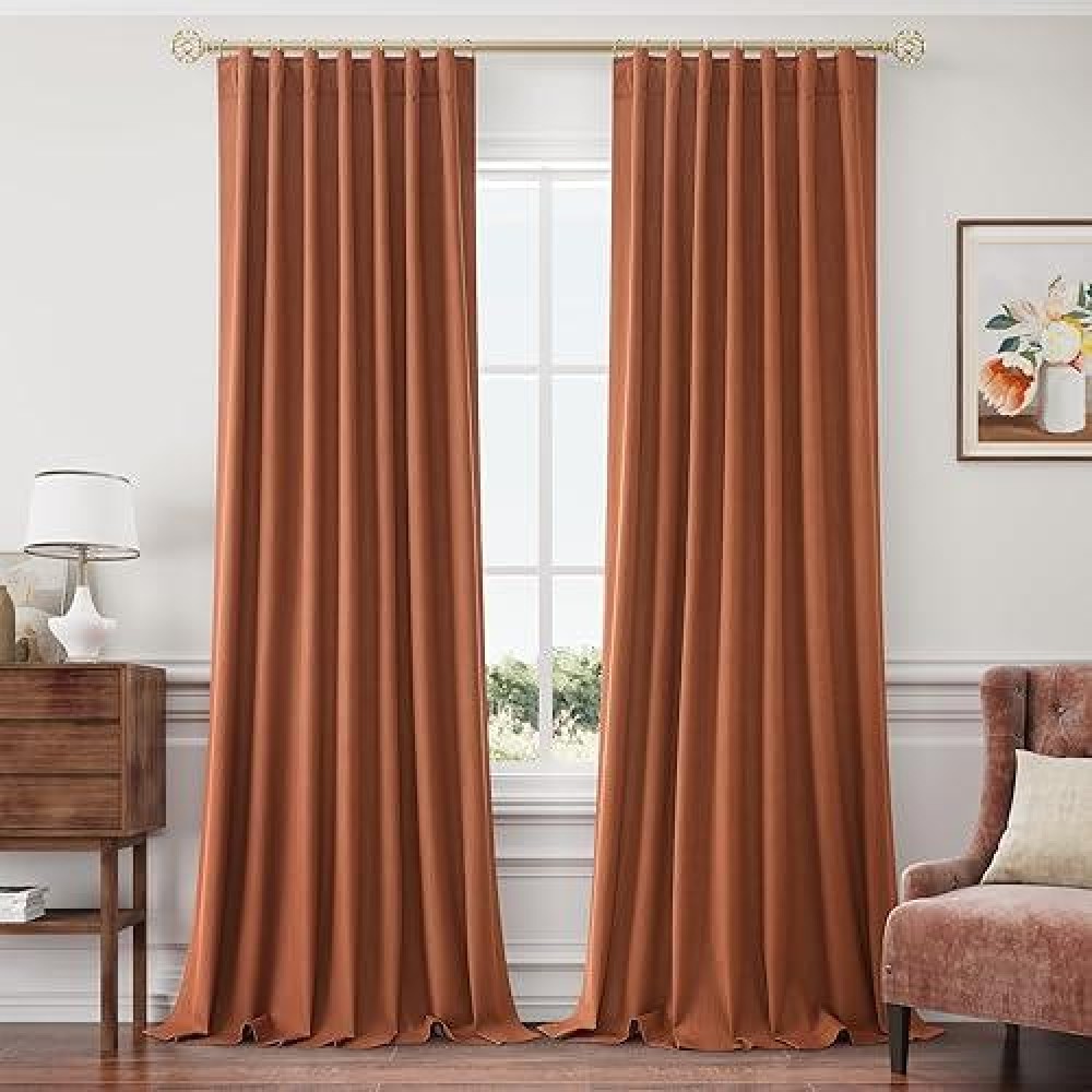 Joywell Linen 100% Blackout Curtains 120 Inch Length Long Back Tab Hook Belt Thermal Insulated Pinch Pleated Drapes For Bedroom With Hooks High Ceiling Length 10 Feet(2 Panels 52 X 120 Terracotta)