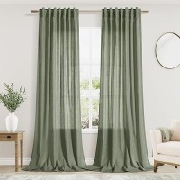 Olive Green Linen Curtains For Living Room 2 Panels Set 108 Inch Length Back Tab Light Filtering Semi Sheer Curtain Drapes For B