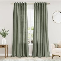 Olive Green Linen Curtains For Living Room 2 Panels Set 84 Inch Length Back Tab Light Filtering Semi Sheer Curtain Drapes For Be