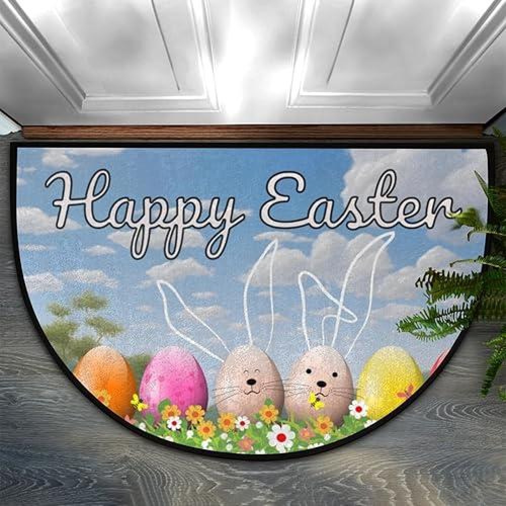 Happy Easter Half Round Door Mat Indoor Outdoor Entrance  Easter Eggs Non Slip Doormats  24 X 36 Washable Semi Circle Floor Mats Area Rugs Welcome Entrance Way Mats For Home Kitchen Patio