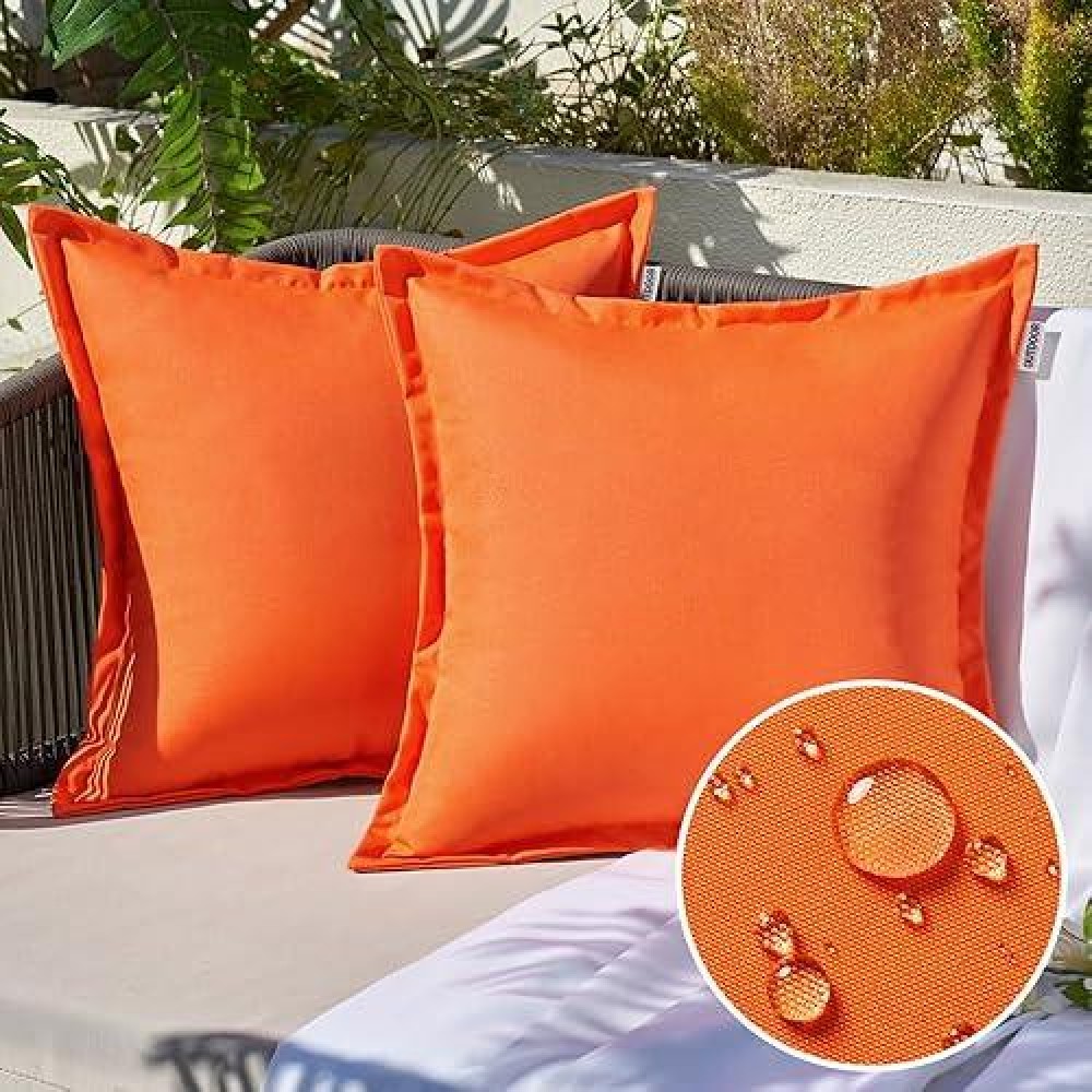 Emema Pack Of 2 Orange Outdoor Pillows Waterproof 18X18 Inch Decorative Solid Broadside Square Throw Pillow Covers Outside Pillowcase For Patio Furniture Sunbrella Outdoor Pillows For Balcony Decor