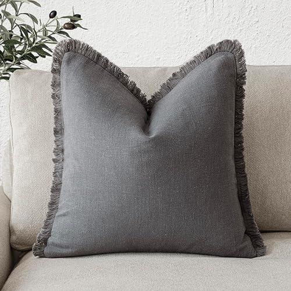 Foindtower Decorative Linen Fringe Throw Pillow Covers Cozy Boho Farmhouse Cushion Cover With Tassels Soft Accent Pillowcase For Chair Sofa Bed Living Room Home Decor  22?22 Inch  1Pc  Gray