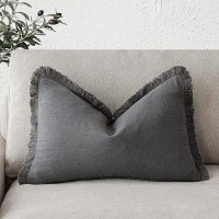 Foindtower Decorative Linen Fringe Lumbar Throw Pillow Covers Cozy Boho Farmhouse Cushion Cover With Tassel Soft Accent Pillowcase For Sofa Bed Living Room Home Decor  12?20 Inch  1Pc  Gray