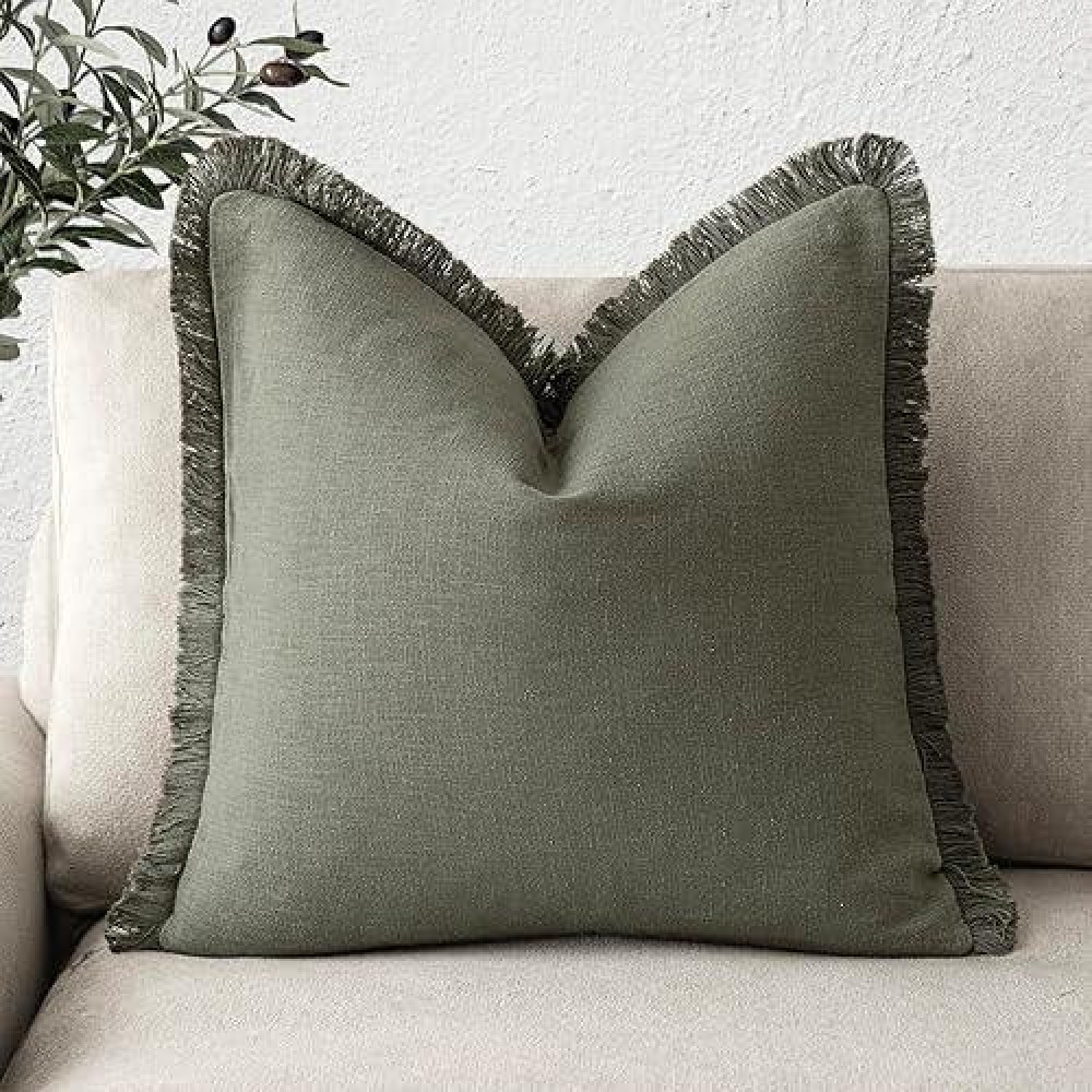 Foindtower Decorative Linen Fringe Throw Pillow Covers Cozy Boho Farmhouse Cushion Cover With Tassels Soft Accent Pillowcase For Chair Sofa Bed Living Room Home Decor  24?24 Inch  1Pc  Olive Green