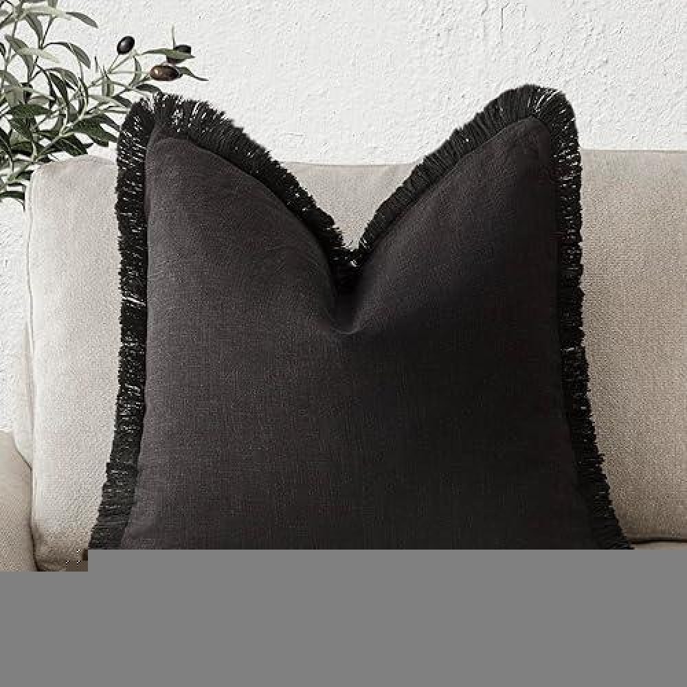 Foindtower Decorative Linen Fringe Throw Pillow Covers Cozy Boho Farmhouse Cushion Cover With Tassels Soft Accent Pillowcase For Chair Sofa Bed Living Room Home Decor  22?22 Inch  1Pc  Black