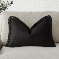 Foindtower Decorative Linen Fringe Lumbar Throw Pillow Covers Cozy Boho Farmhouse Cushion Cover With Tassel Soft Accent Pillowcase For Sofa Bed Living Room Home Decor  12?20 Inch  1Pc  Black