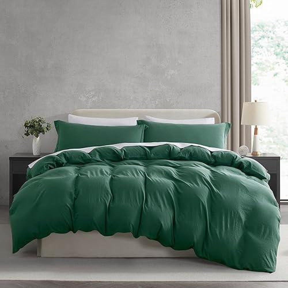 Nestl Dark Green Duvet Cover Queen Size Soft Prewashed Queen Duvet Cover Set 3 Piece With Zipper Closure 1 Duvet Cover 90X9