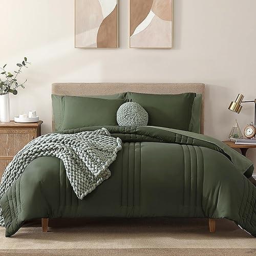 Monbix Full Size Comforter Sets  7 Piece Full Size Bedding Sets  Warm Comforters  Bed In A Bag Full With Sheets Pillowcases & Shams (Olive Green  Full  80''X90'')