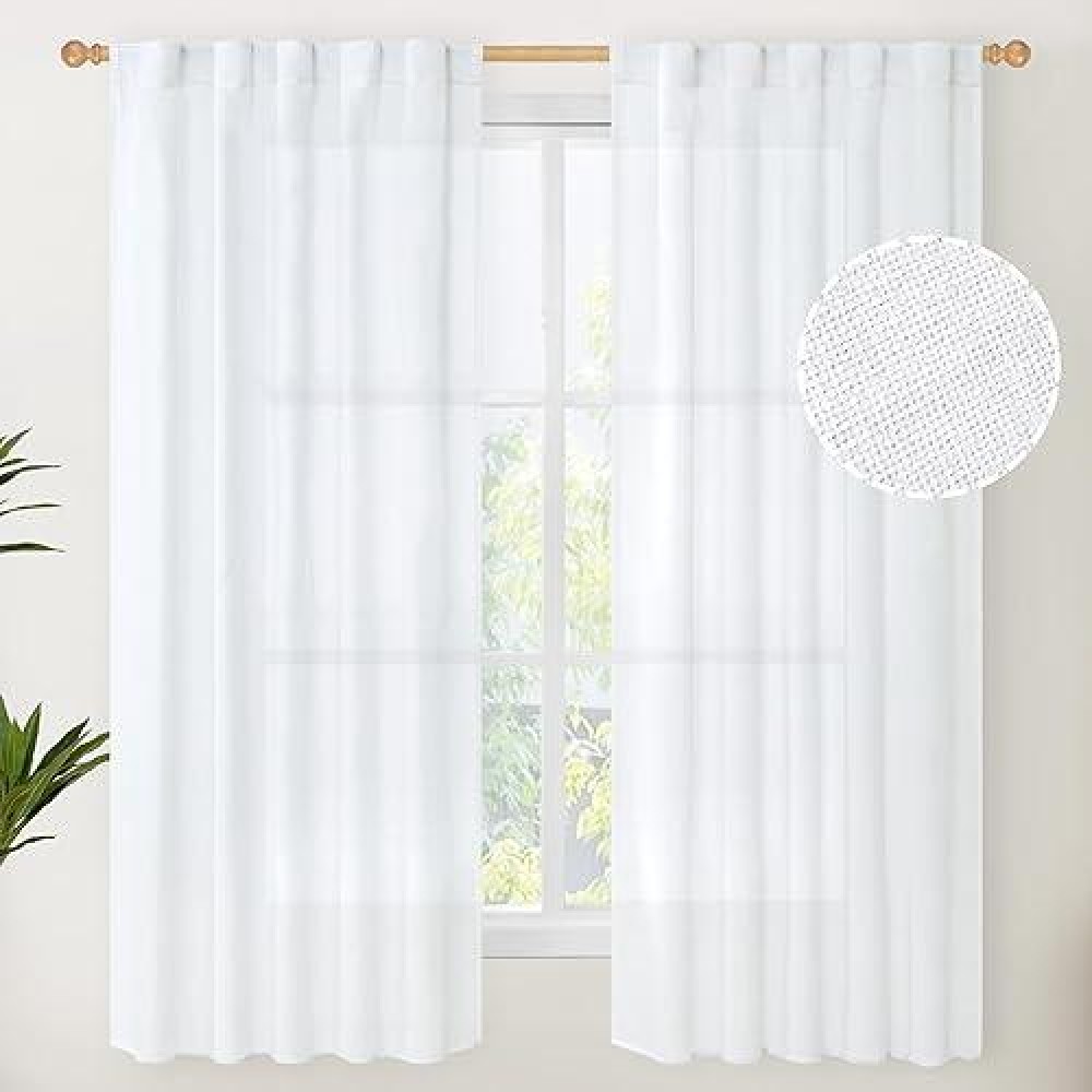 Youngstex White Linen Curtains 63 Inch Length For Short Window Rod Pocket Light Filtering Drapes For Cafe Bathroom Bedroom Offic