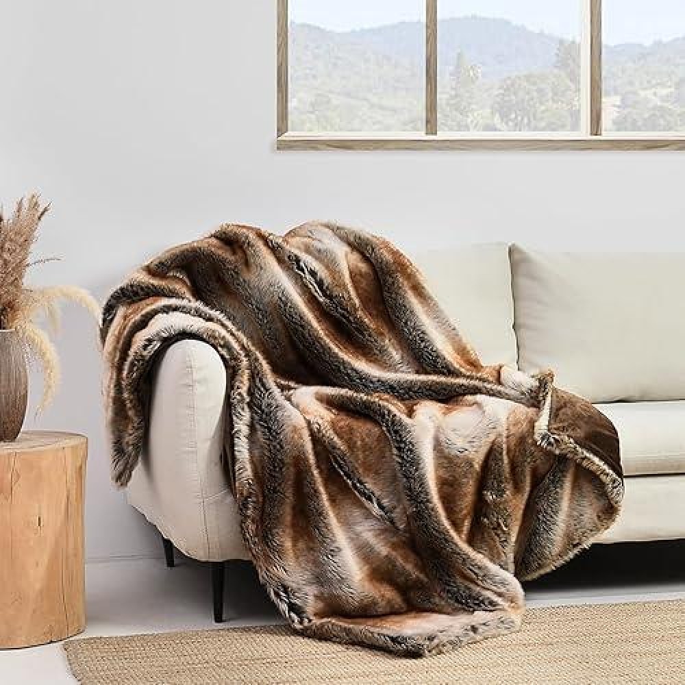 Horimote Home Luxury Plush Faux Fur Throw Blanket  Long Pile Brown With White Tipped Blanket  Super Warm  Fuzzy  Elegant  Fluffy Decoration Blanket For Couch  Armchair  Sofa And Bed  50''X 60''