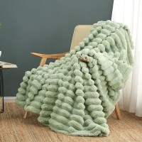 Cozy Bliss Faux Fur Throw Blanket For Couch Cozy Warm Plush Striped Blanket For Sofa Bedroom Living Room 50 60 Inches Sage G