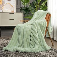 Cozy Bliss Faux Fur Throw Blanket For Couch Cozy Warm Plush Striped Blanket For Sofa Bedroom Living Room 50 60 Inches Sage G