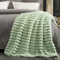 Cozy Bliss Faux Fur Throw Blanket For Couch Cozy Warm Plush Striped Blanket For Sofa Bedroom Living Room 50 60 Inches Sage G