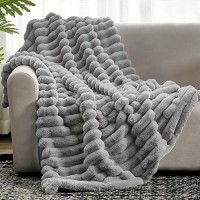 Cozy Bliss Faux Fur Throw Blanket For Couch Cozy Warm Plush Striped Blanket For Sofa Bedroom Living Room 50 60 Inches Grey