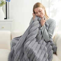 Cozy Bliss Faux Fur Throw Blanket For Couch Cozy Warm Plush Striped Blanket For Sofa Bedroom Living Room 50 60 Inches Grey