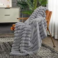 Cozy Bliss Faux Fur Throw Blanket For Couch Cozy Warm Plush Striped Blanket For Sofa Bedroom Living Room 50 60 Inches Grey