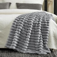 Cozy Bliss Faux Fur Throw Blanket For Couch Cozy Warm Plush Striped Blanket For Sofa Bedroom Living Room 50 60 Inches Grey