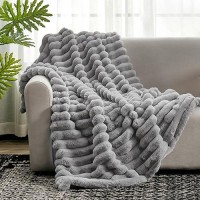 Cozy Bliss Faux Fur Throw Blanket For Couch Cozy Warm Plush Striped Blanket For Sofa Bedroom Living Room 60 80 Inches Grey