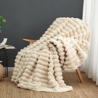 Cozy Bliss Faux Fur Throw Blanket For Couch Cozy Warm Plush Striped Blanket For Sofa Bedroom Living Room 50 60 Inches Beige