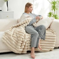 Cozy Bliss Faux Fur Throw Blanket For Couch Cozy Warm Plush Striped Blanket For Sofa Bedroom Living Room 50 60 Inches Beige