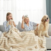 Cozy Bliss Faux Fur Throw Blanket For Couch Cozy Warm Plush Striped Blanket For Sofa Bedroom Living Room 60 80 Inches Beige