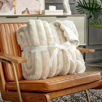 Cozy Bliss Faux Fur Throw Blanket For Couch Cozy Warm Plush Striped Blanket For Sofa Bedroom Living Room 60 80 Inches Beige