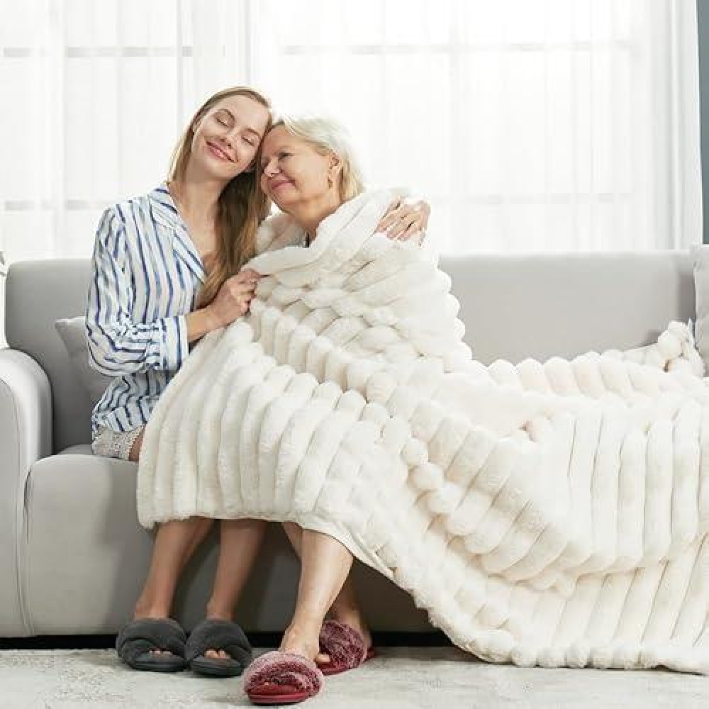 Cozy Bliss Faux Fur Throw Blanket For Couch Cozy Warm Plush Striped Blanket For Sofa Bedroom Living Room 60 80 Inches Cream