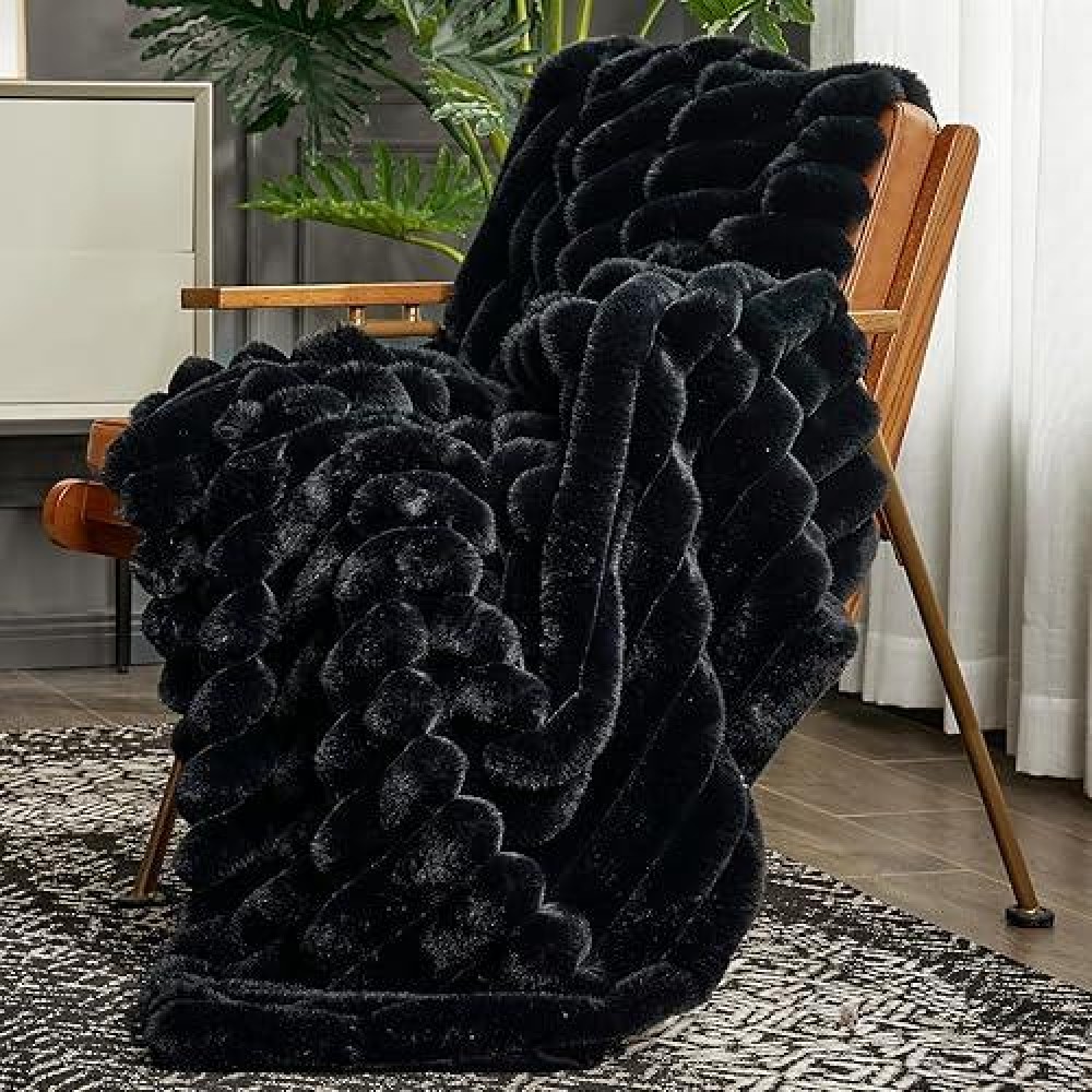 Cozy Bliss Faux Fur Throw Blanket For Couch Cozy Warm Plush Striped Blanket For Sofa Bedroom Living Room 50 60 Inches Black