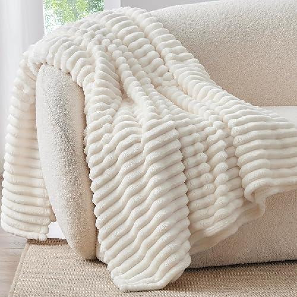 Bedelite Fleece Throw Blanket For Couch - 300Gsm Soft & Warm Fluffy Cream White Blanket  Decorative And Giftable Striped Blankets For Women  Men  50